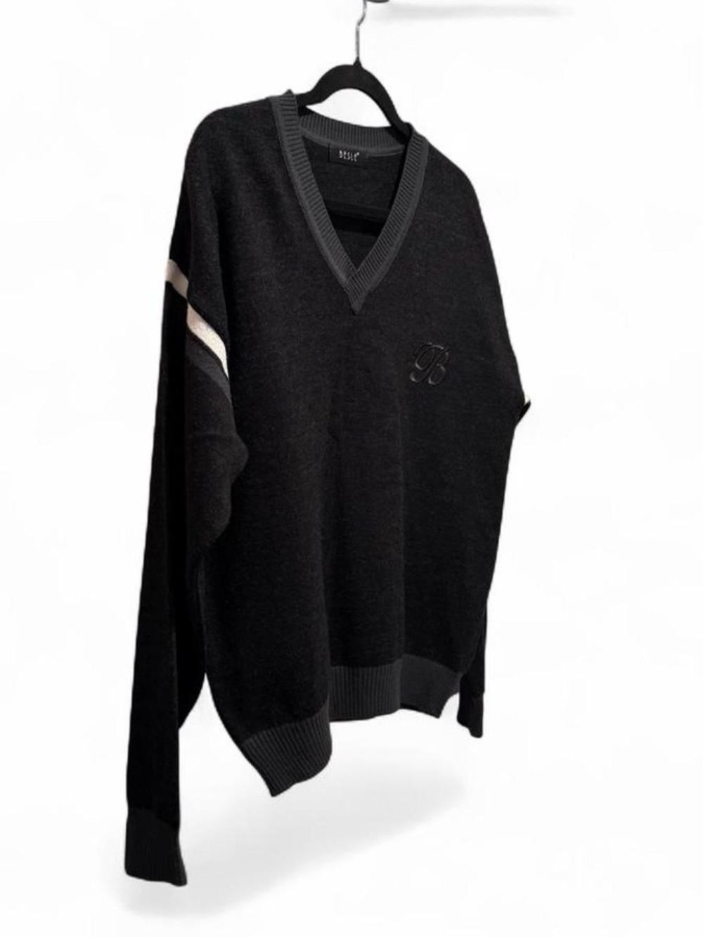 Besle Men's Black V-Neck Sweater with Contrast Stripe - Picture 2 of 6